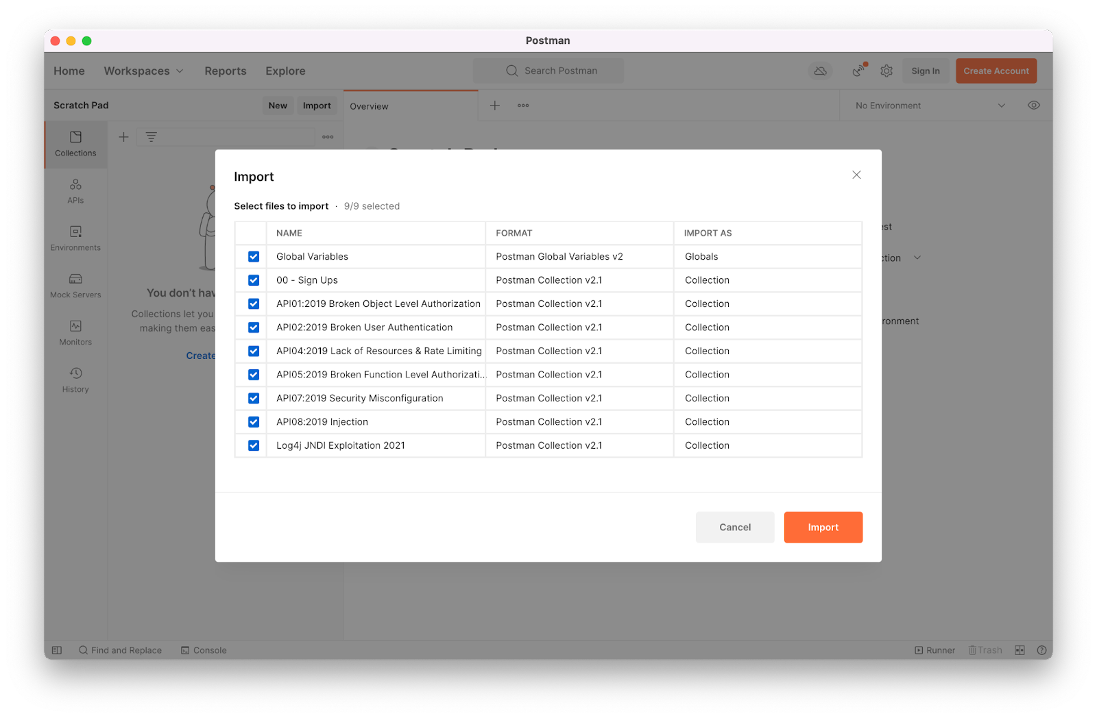 Screenshot of postman confirming selection for import